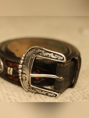 Vintage Black Leather Belt with Silver Western Buckle